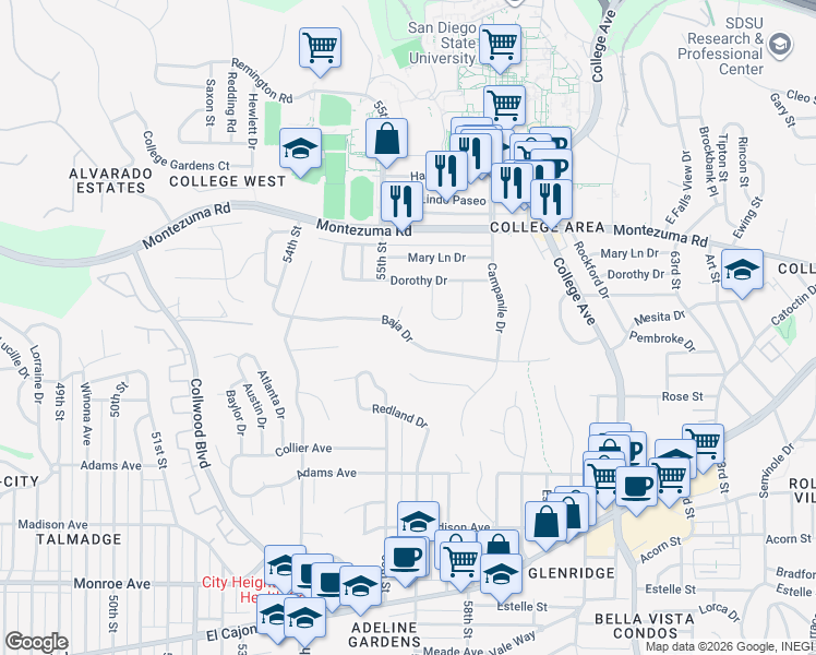 map of restaurants, bars, coffee shops, grocery stores, and more near 5556 Baja Drive in San Diego