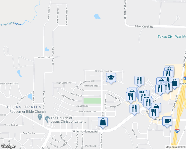 map of restaurants, bars, coffee shops, grocery stores, and more near 9932 Osprey Drive in Fort Worth