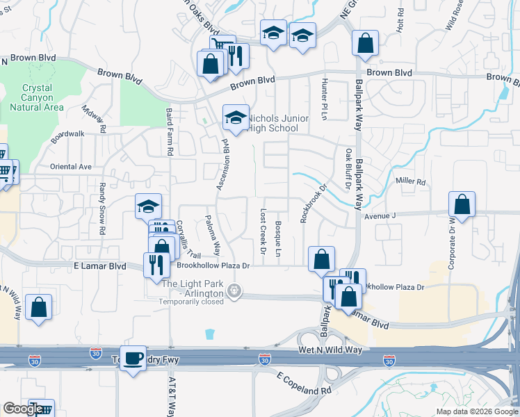 map of restaurants, bars, coffee shops, grocery stores, and more near 1936 Lost Creek Drive in Arlington