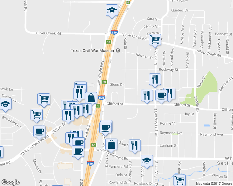 map of restaurants, bars, coffee shops, grocery stores, and more near 521e Branch Circle East in White Settlement