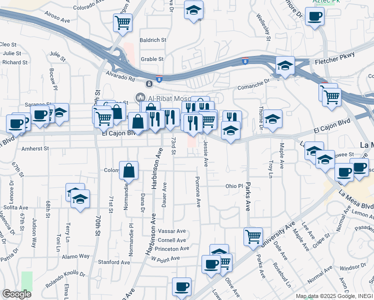 map of restaurants, bars, coffee shops, grocery stores, and more near 7350 La Mesita Place in La Mesa