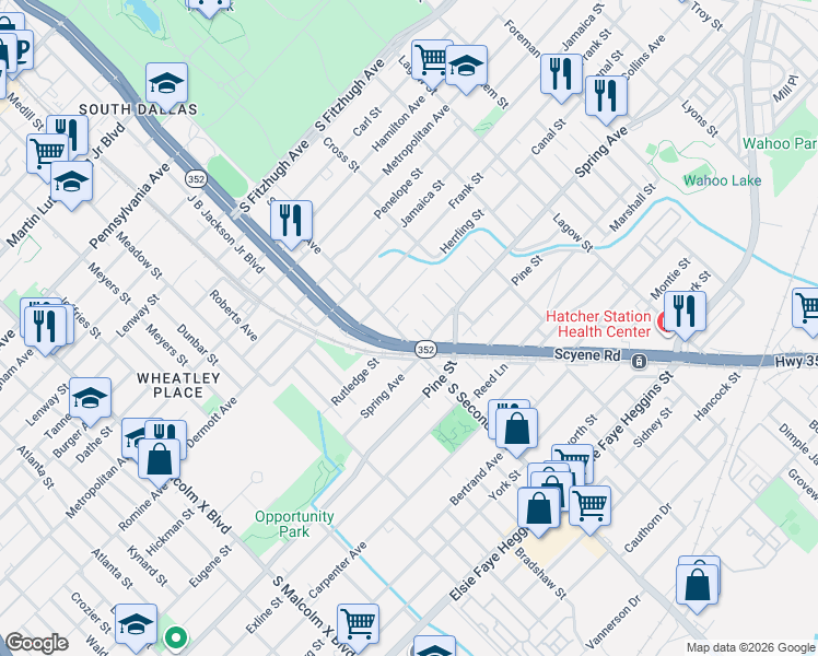 map of restaurants, bars, coffee shops, grocery stores, and more near 2710 South Second Avenue in Dallas