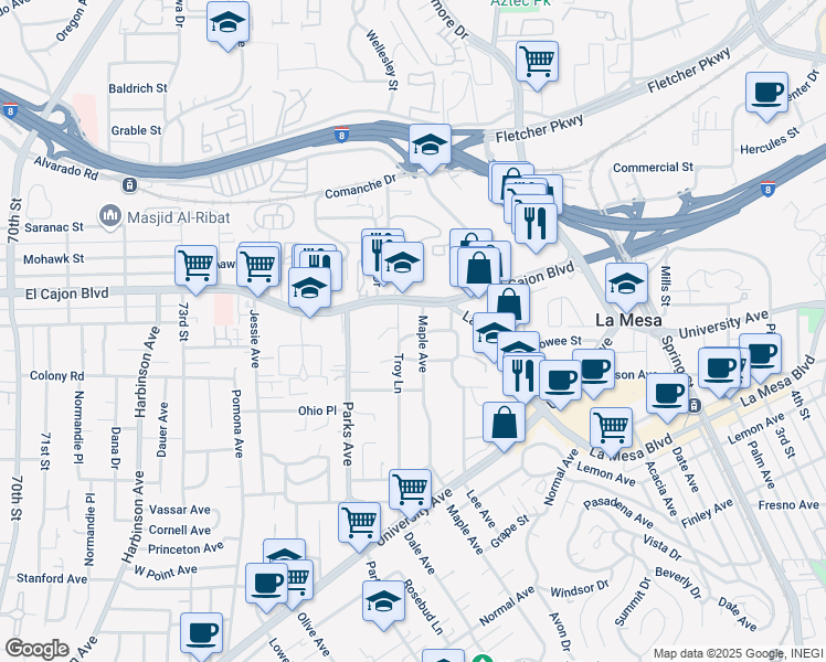 map of restaurants, bars, coffee shops, grocery stores, and more near 7720 Sunset Drive in La Mesa