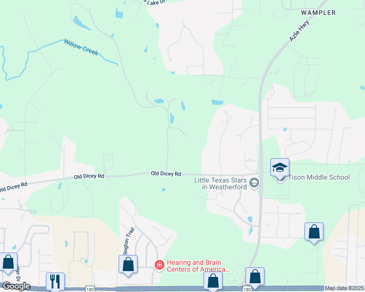 map of restaurants, bars, coffee shops, grocery stores, and more near 2121 Old Dicey Road in Weatherford