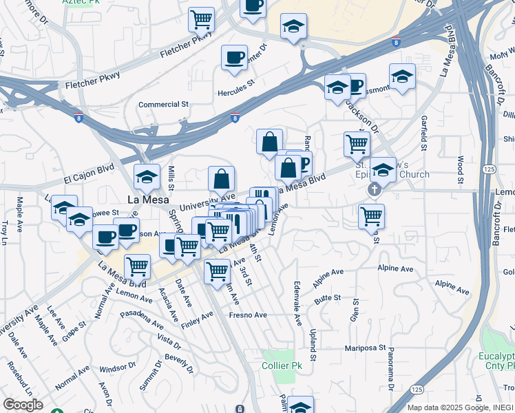 map of restaurants, bars, coffee shops, grocery stores, and more near 4847 Cypress Street in La Mesa