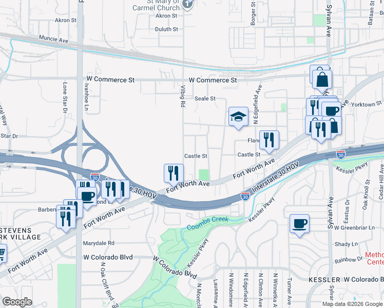 map of restaurants, bars, coffee shops, grocery stores, and more near 1702 Vilbig Road in Dallas