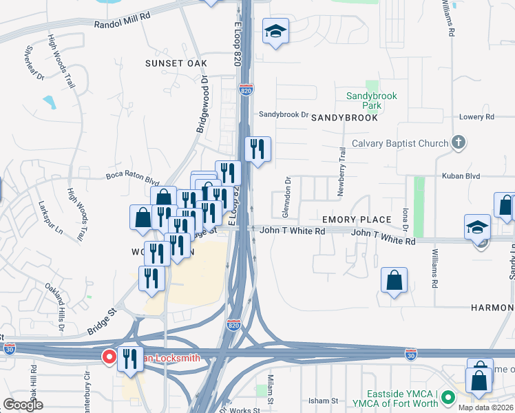 map of restaurants, bars, coffee shops, grocery stores, and more near 821 East Loop 820 in Fort Worth