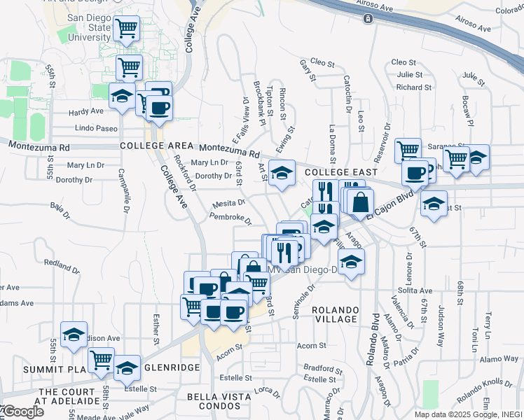 map of restaurants, bars, coffee shops, grocery stores, and more near 4944 Art Street in San Diego