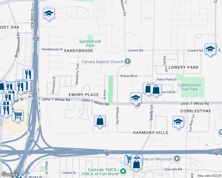 map of restaurants, bars, coffee shops, grocery stores, and more near 7125 John T White Road in Fort Worth
