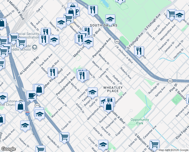 map of restaurants, bars, coffee shops, grocery stores, and more near 3402 Jeffries Street in Dallas