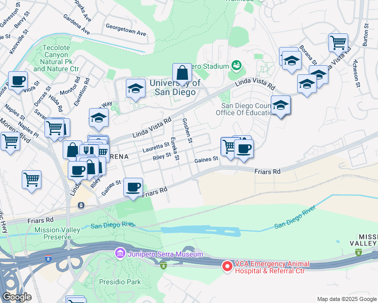 map of restaurants, bars, coffee shops, grocery stores, and more near 1145 Fresno Street in San Diego