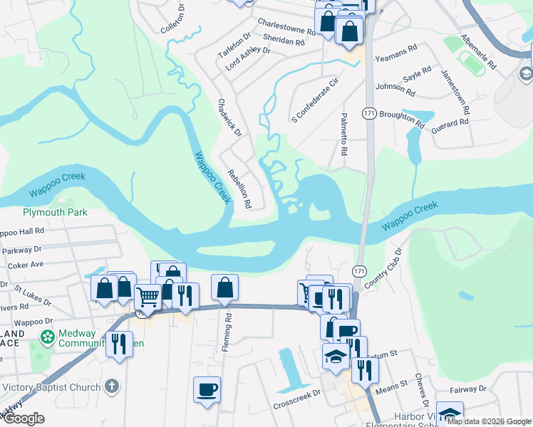 map of restaurants, bars, coffee shops, grocery stores, and more near 74 Rebellion Road in Charleston