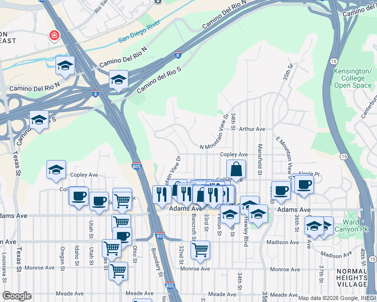 map of restaurants, bars, coffee shops, grocery stores, and more near 3228 Copley Avenue in San Diego