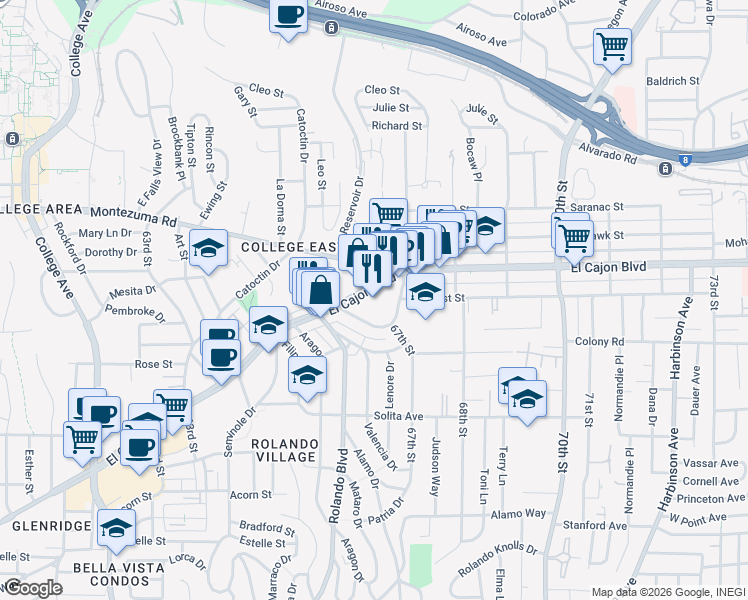 map of restaurants, bars, coffee shops, grocery stores, and more near 6663k El Cajon Boulevard in San Diego