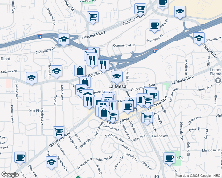 map of restaurants, bars, coffee shops, grocery stores, and more near 8088 University Avenue in La Mesa