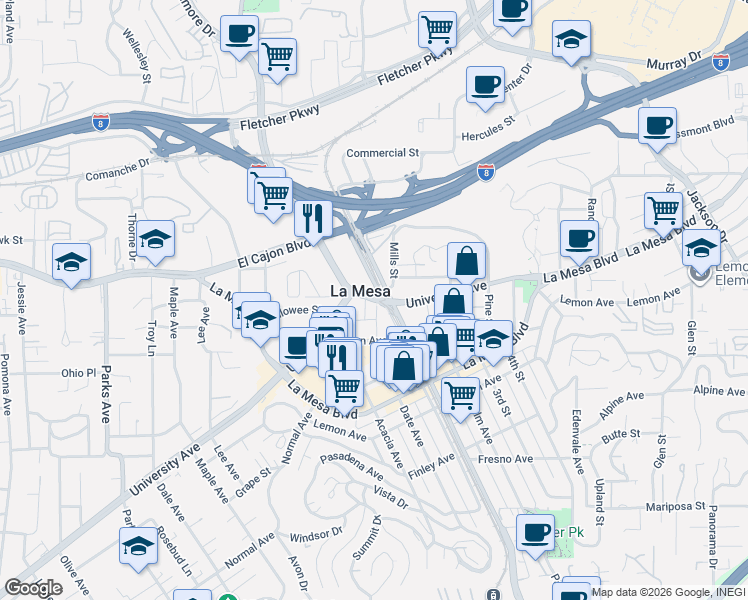 map of restaurants, bars, coffee shops, grocery stores, and more near 8145 University Avenue in La Mesa
