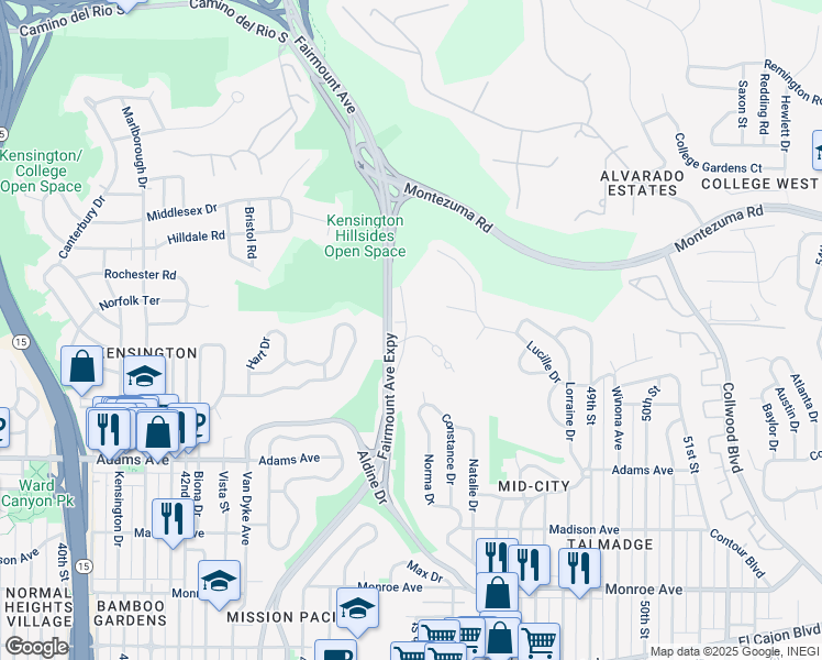 map of restaurants, bars, coffee shops, grocery stores, and more near 4815 Talmadge Park Row in San Diego