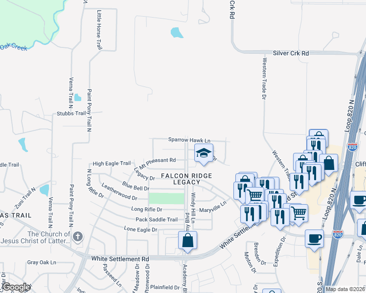 map of restaurants, bars, coffee shops, grocery stores, and more near 9900 Osprey Drive in Fort Worth