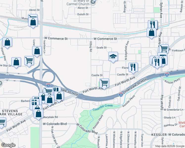 map of restaurants, bars, coffee shops, grocery stores, and more near 1702 Vilbig Road in Dallas