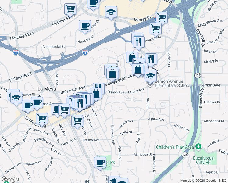 map of restaurants, bars, coffee shops, grocery stores, and more near 4805 Schuyler Avenue in La Mesa