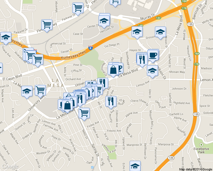 map of restaurants, bars, coffee shops, grocery stores, and more near 8502 Lemon Avenue in La Mesa