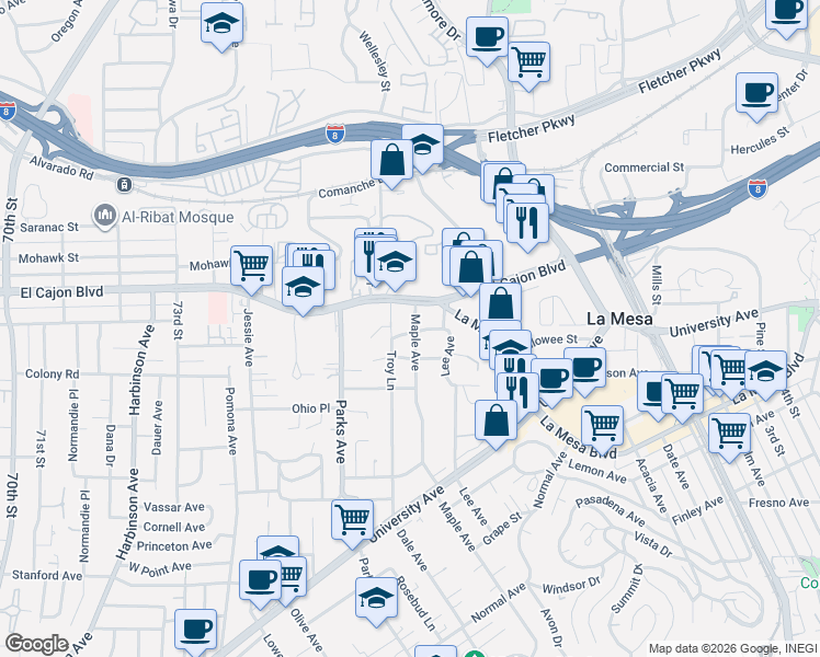 map of restaurants, bars, coffee shops, grocery stores, and more near 7720 Sunset Drive in La Mesa