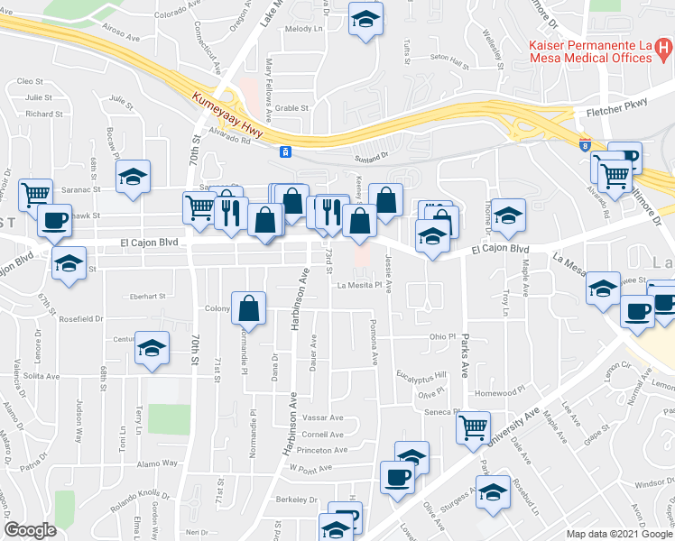 map of restaurants, bars, coffee shops, grocery stores, and more near 4876 73rd Street in La Mesa
