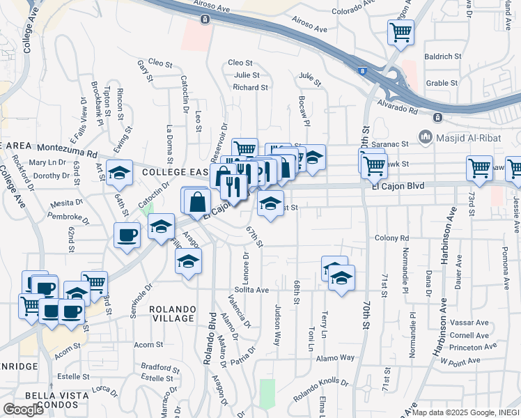 map of restaurants, bars, coffee shops, grocery stores, and more near 4906 1/2 67th Street in San Diego