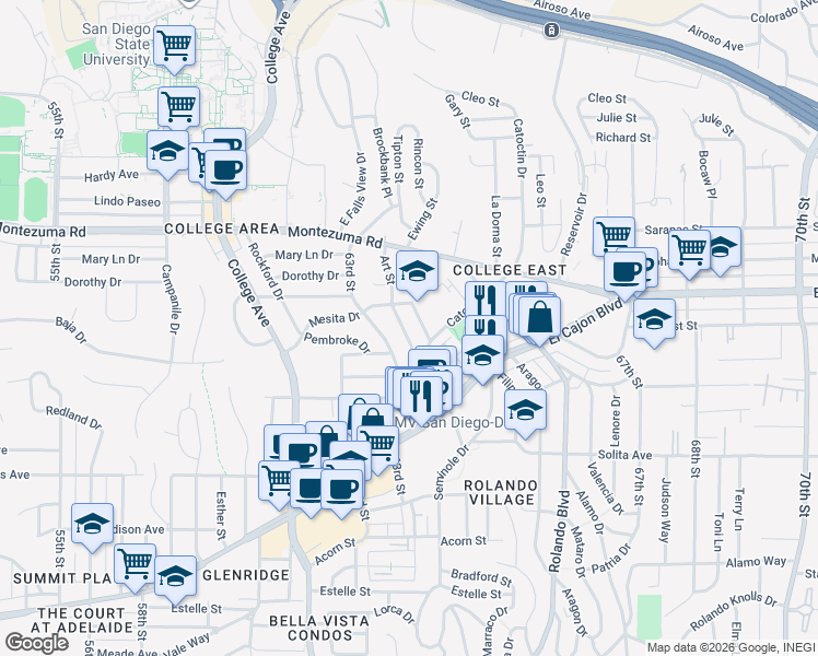 map of restaurants, bars, coffee shops, grocery stores, and more near 4944 Art Street in San Diego