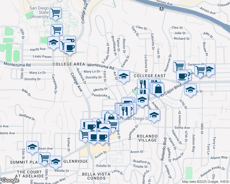map of restaurants, bars, coffee shops, grocery stores, and more near 4944 Art Street in San Diego