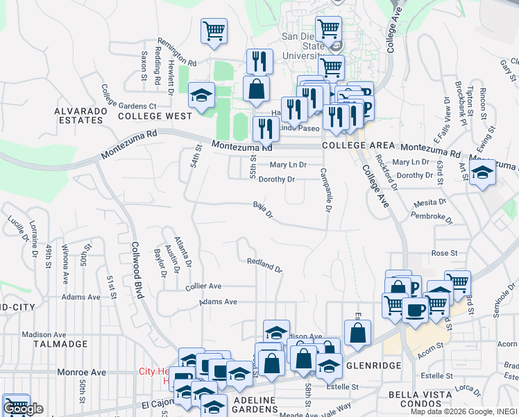 map of restaurants, bars, coffee shops, grocery stores, and more near 5519 Baja Drive in San Diego