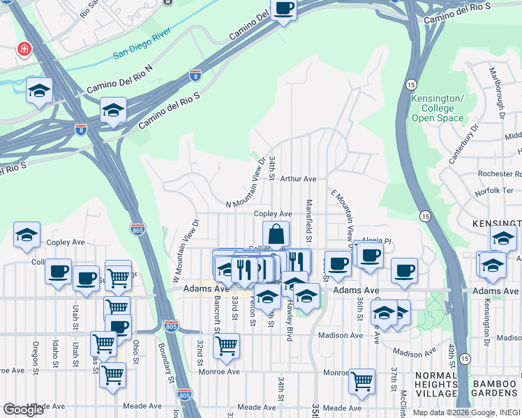 map of restaurants, bars, coffee shops, grocery stores, and more near 3362 Copley Avenue in San Diego