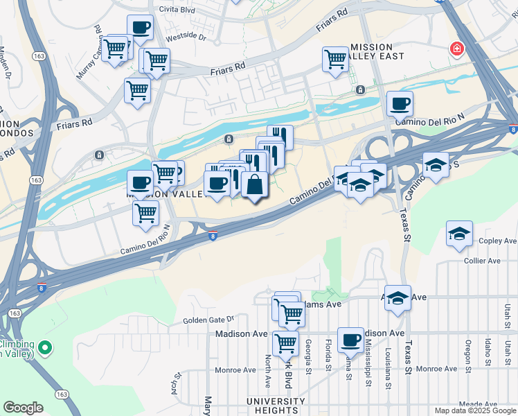 map of restaurants, bars, coffee shops, grocery stores, and more near 1640 Camino Del Rio North in San Diego