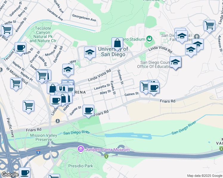 map of restaurants, bars, coffee shops, grocery stores, and more near 5772 Riley Street in San Diego