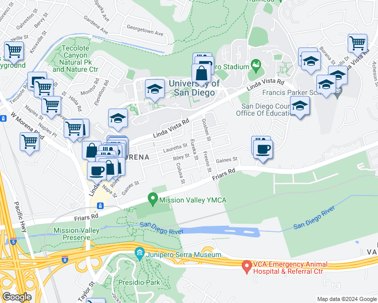 map of restaurants, bars, coffee shops, grocery stores, and more near 5772 Riley Street in San Diego