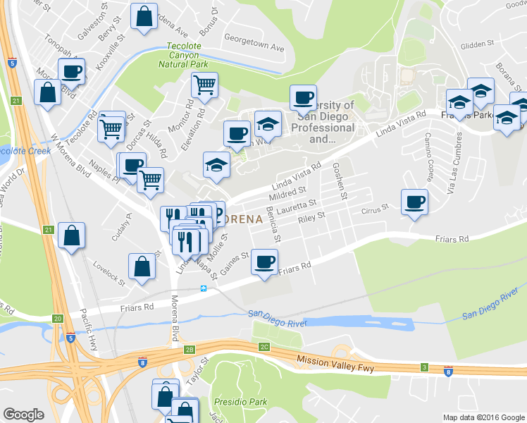 map of restaurants, bars, coffee shops, grocery stores, and more near 5604 Lauretta Street in San Diego