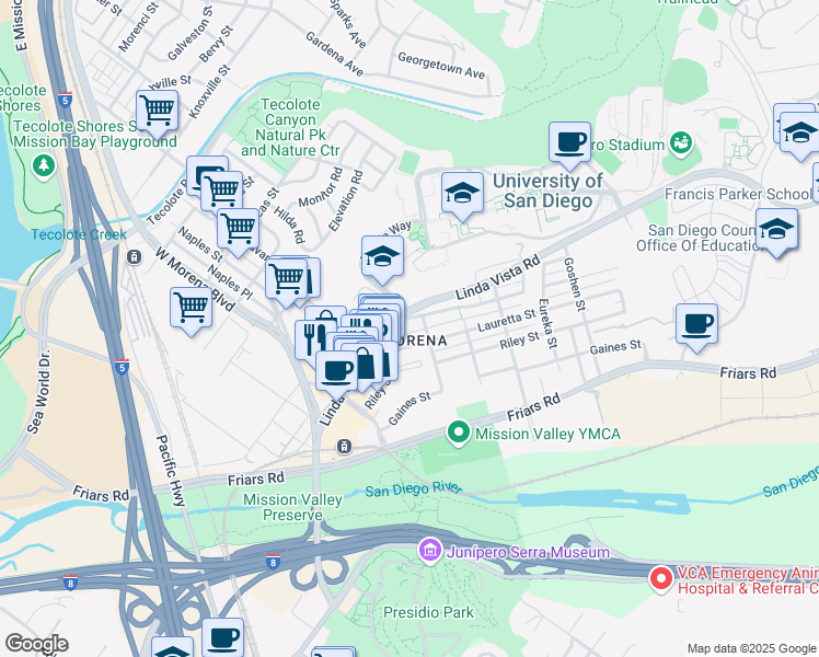 map of restaurants, bars, coffee shops, grocery stores, and more near 5411 Linda Vista Road in San Diego