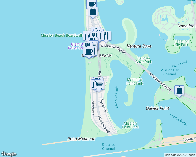 map of restaurants, bars, coffee shops, grocery stores, and more near in San Diego