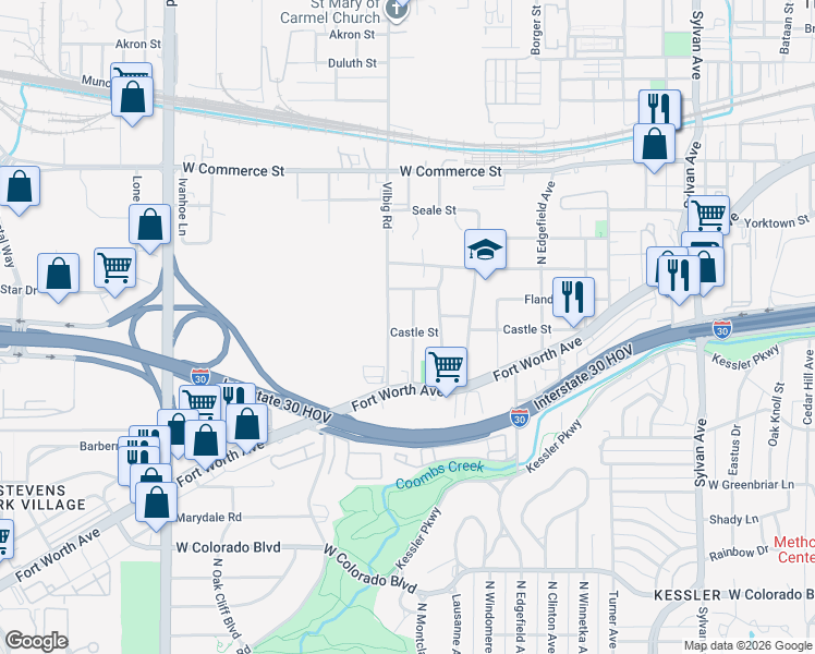 map of restaurants, bars, coffee shops, grocery stores, and more near 1702 Vilbig Road in Dallas