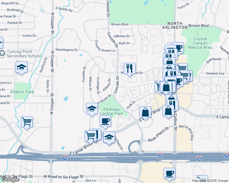 map of restaurants, bars, coffee shops, grocery stores, and more near 2101 Park Willow Lane in Arlington