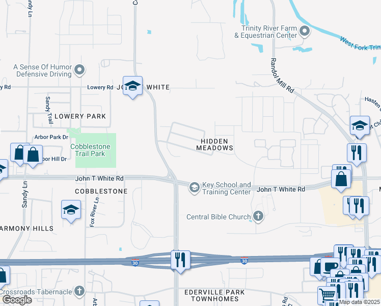 map of restaurants, bars, coffee shops, grocery stores, and more near 7952 Meadow View Tr in Fort Worth