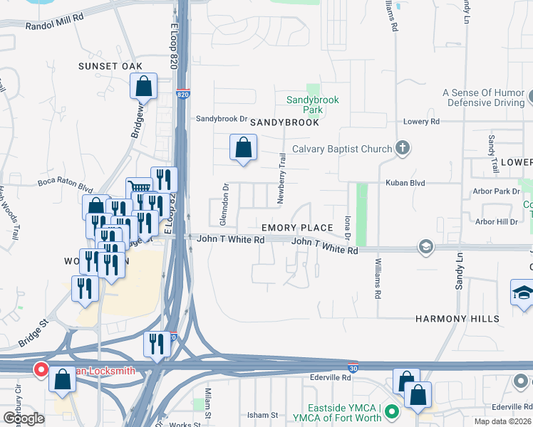 map of restaurants, bars, coffee shops, grocery stores, and more near 917 Newberry Trail in Fort Worth