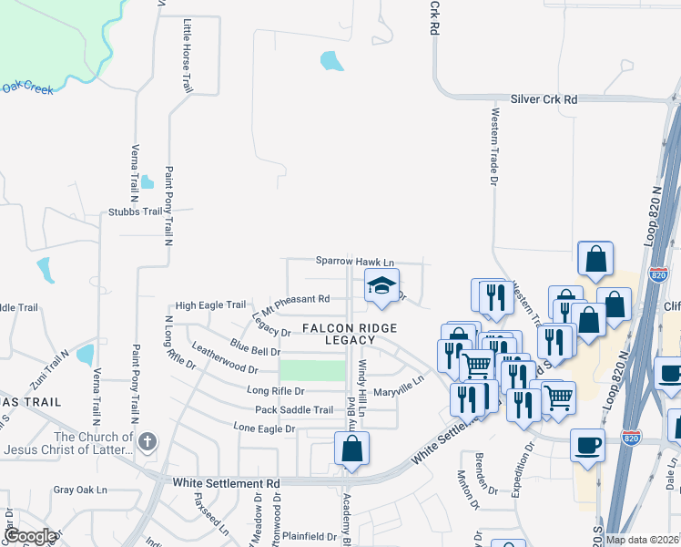 map of restaurants, bars, coffee shops, grocery stores, and more near 9900 Osprey Drive in Fort Worth