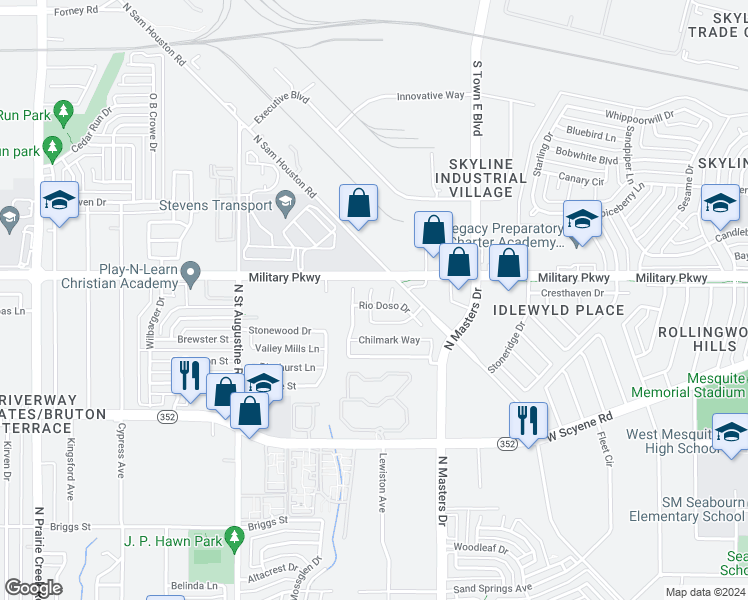 map of restaurants, bars, coffee shops, grocery stores, and more near 9919 Rio Doso Drive in Dallas