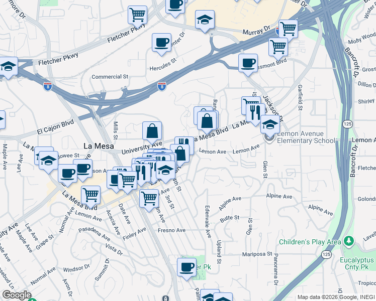 map of restaurants, bars, coffee shops, grocery stores, and more near 8502 Lemon Avenue in La Mesa