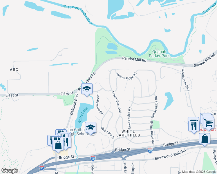 map of restaurants, bars, coffee shops, grocery stores, and more near 412 Green River Trail in Fort Worth