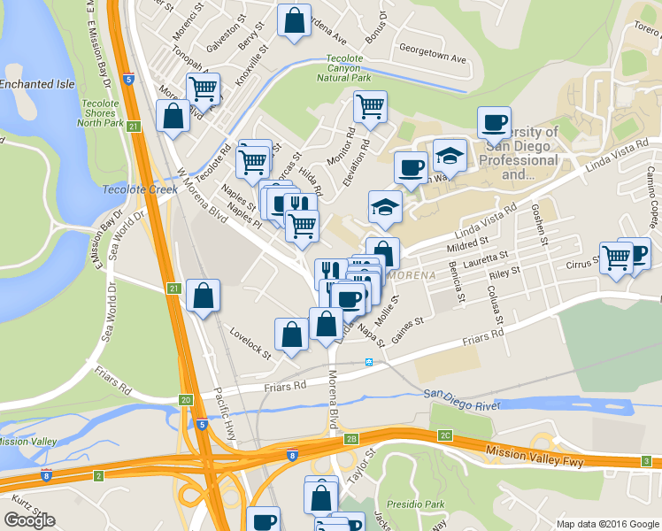 map of restaurants, bars, coffee shops, grocery stores, and more near Cushman Place in San Diego