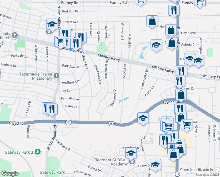 map of restaurants, bars, coffee shops, grocery stores, and more near 3515 Rock Bluff Drive in Dallas