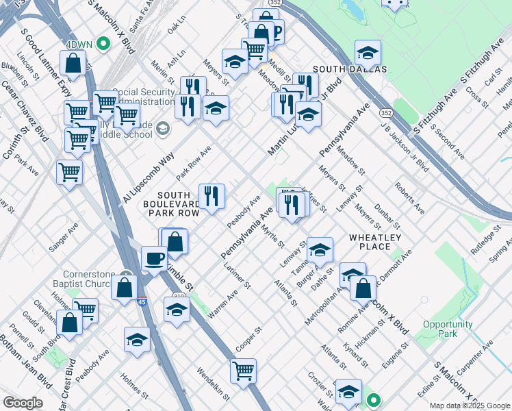 map of restaurants, bars, coffee shops, grocery stores, and more near 2712 Peabody Avenue in Dallas