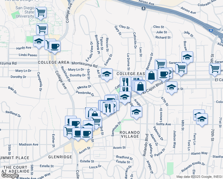 map of restaurants, bars, coffee shops, grocery stores, and more near 500 64th Street in San Diego